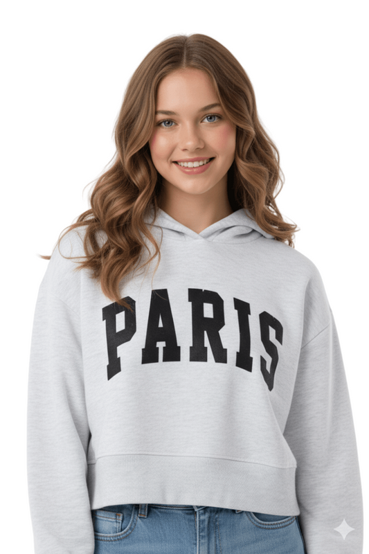 ALCOTT WOMENS LIGHT GREY CROPPED PARIS HOODIE - Smgarment's