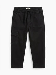 Boys' Jet Black Stretch Twill Elastic Drawstring Cargo Trousers