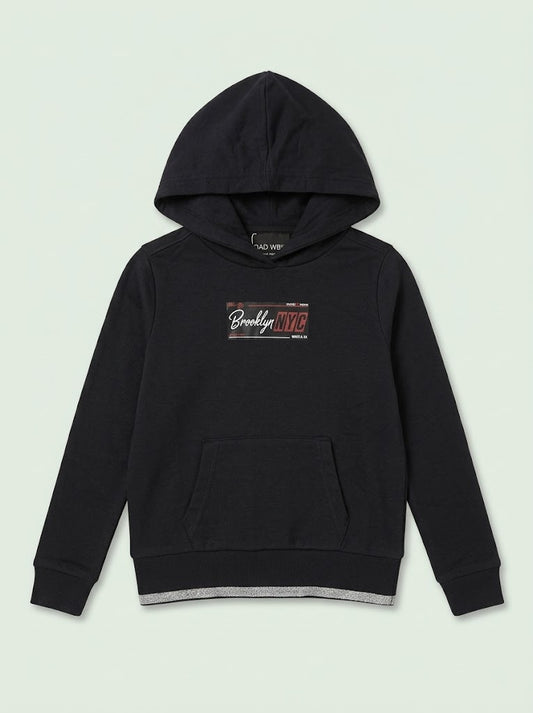Girls Black Casual Pullover Hoodie with "Brooklyn NYC" Graphic and Glitter Hem