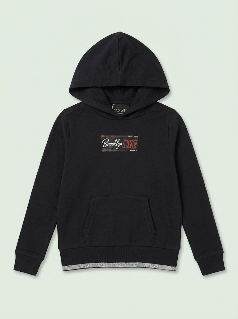Girls Black Casual Pullover Hoodie with "Brooklyn NYC" Graphic and Glitter Hem