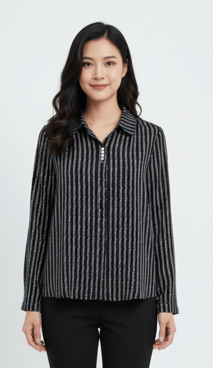 Black CSHN Striped V - Neck TOP with Pearl Button Detail - Smgarment's