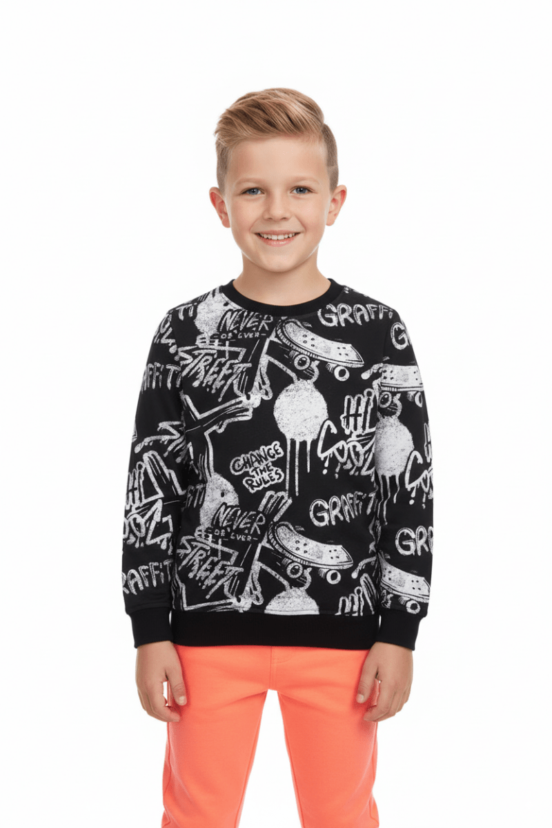 Boys’ Black Graffiti Print Sweatshirt – Urban Street Style - Smgarment's