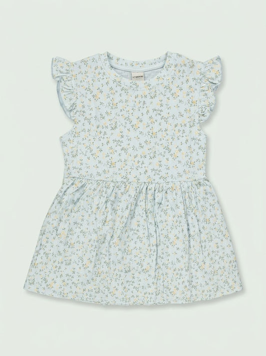 Girls Light Blue Floral Print Casual Dress with Ruffle Cap Sleeves