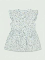 Girls Light Blue Floral Print Casual Dress with Ruffle Cap Sleeves