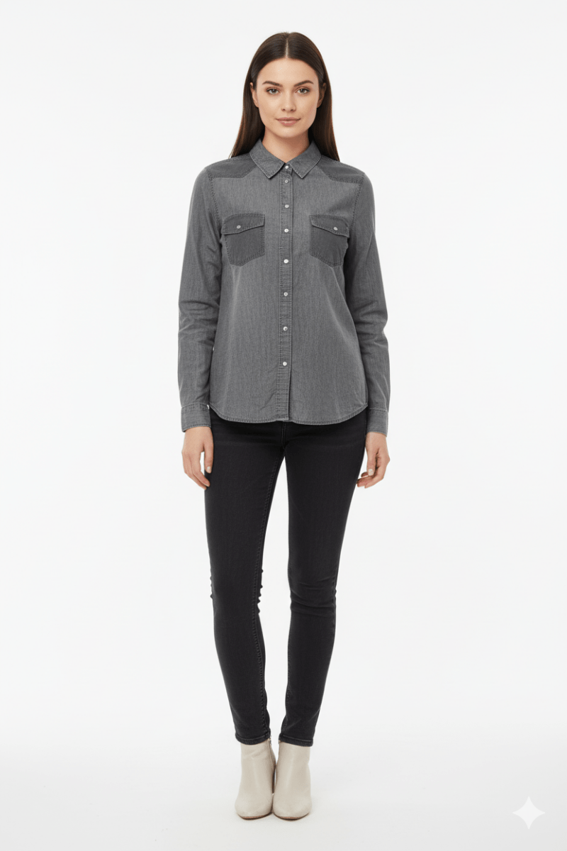 CAMAIEU WOMENS TWO TONE DOUBLE POCKET SHIRT - Smgarment's