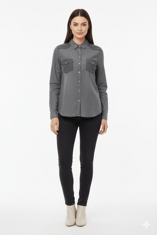 CAMAIEU WOMENS TWO TONE DOUBLE POCKET SHIRT - Smgarment's