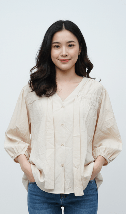 Cream V - Neck Pintuck Blouse - Smgarment's