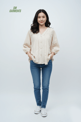 Cream V - Neck Pintuck Blouse - Smgarment's
