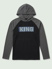 Boys' Casual Cotton-Blend Long-Sleeve Hooded T-Shirt with Graphic – Black/Dark Gray