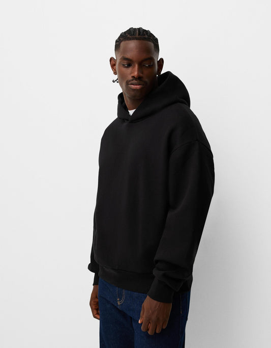 BERSHKA MENS BASIC BACK PRINT BLACK HOODIE