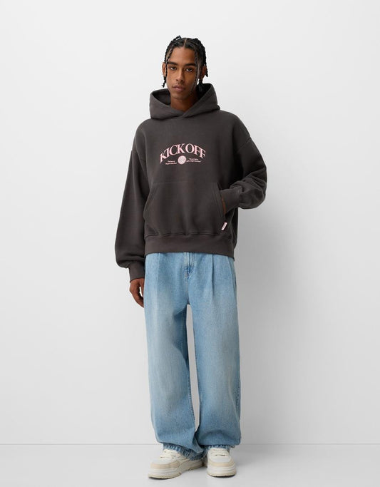 BERSHKA MENS KICK OFF BACK PRINT HOODIE