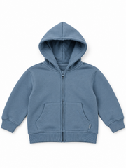 Dusty blue toddler zip-up hoodie front view without model, size 1.5–2 years