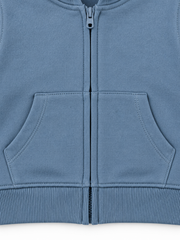 Dusty blue toddler hoodie zoom detail showing zip, pocket stitching and ribbed hem