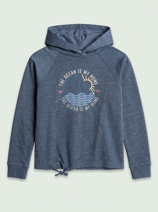 Girls Blue Heather Casual Pullover Hoodie with Ocean Graphic and Tie Hem