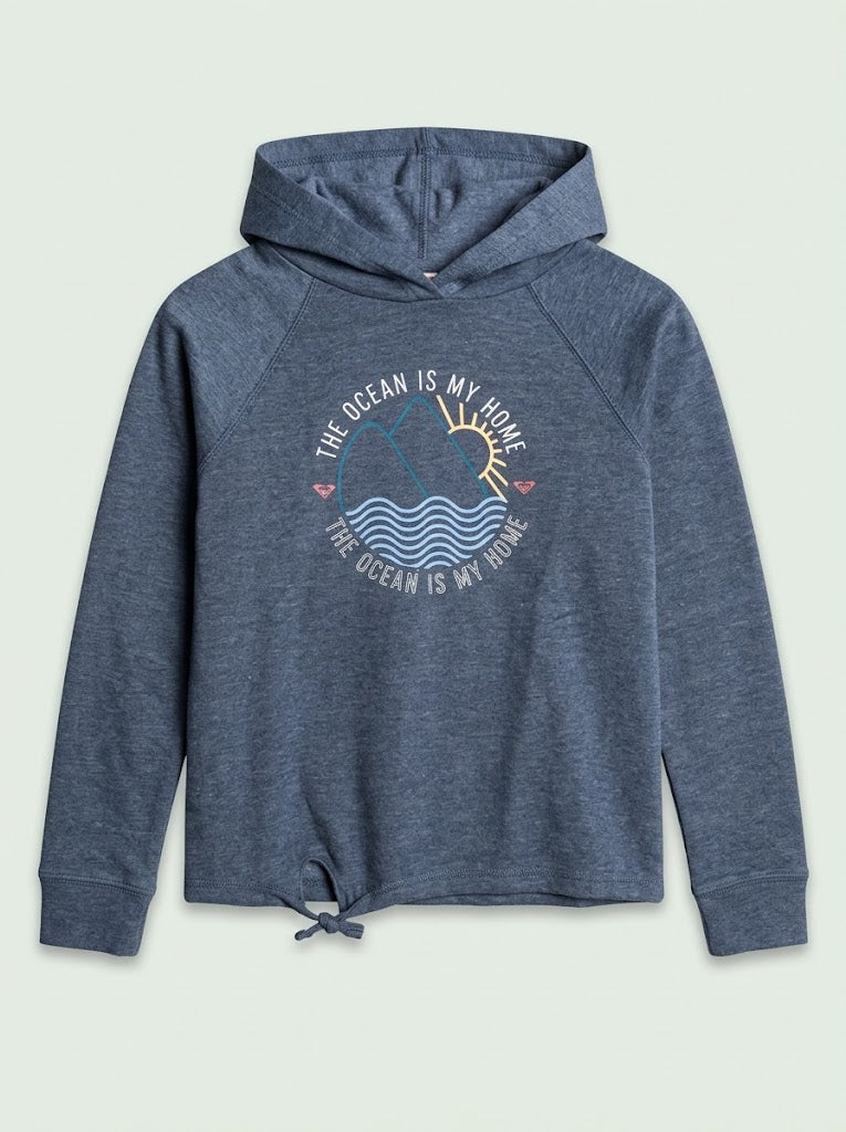 Girls Blue Heather Casual Pullover Hoodie with Ocean Graphic and Tie Hem