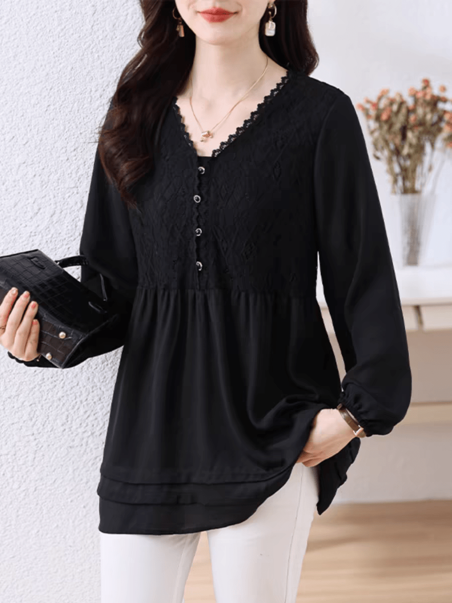 Elegant Black V - Neck Tunic Blouse with Lace Detail - Smgarment's