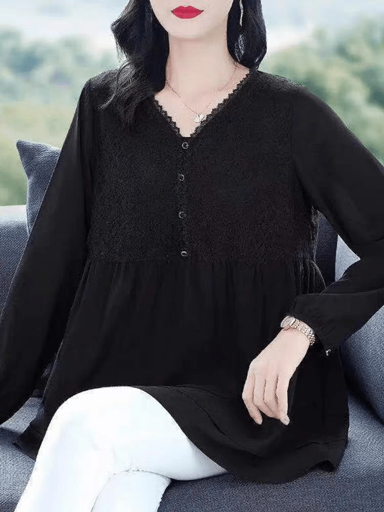 Elegant Black V - Neck Tunic Blouse with Lace Detail - Smgarment's