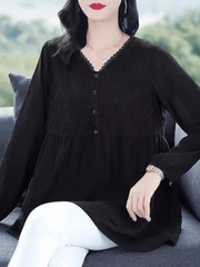 Elegant Black V - Neck Tunic Blouse with Lace Detail - Smgarment's