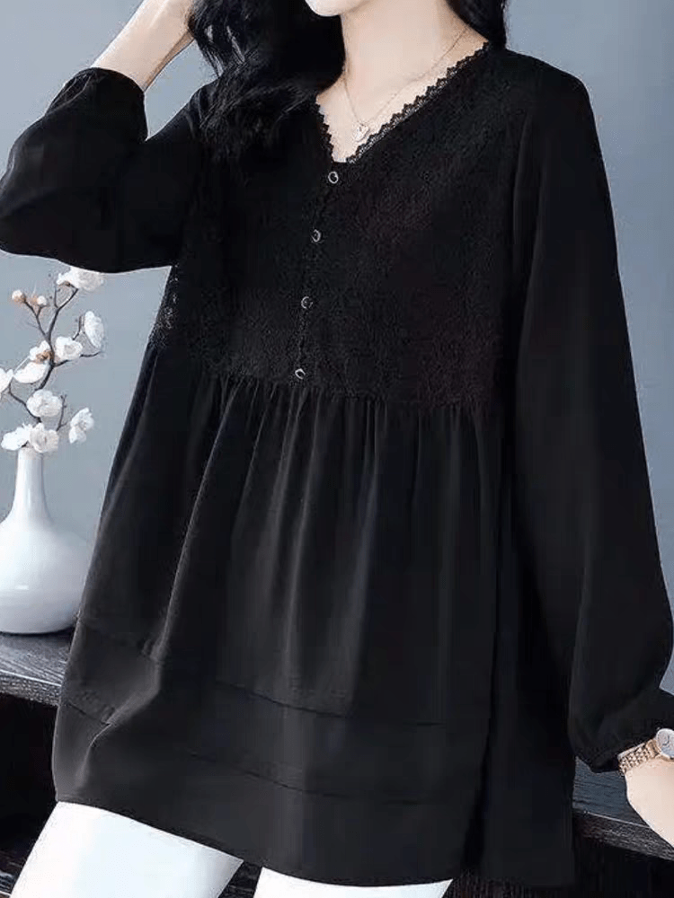 Elegant Black V - Neck Tunic Blouse with Lace Detail - Smgarment's