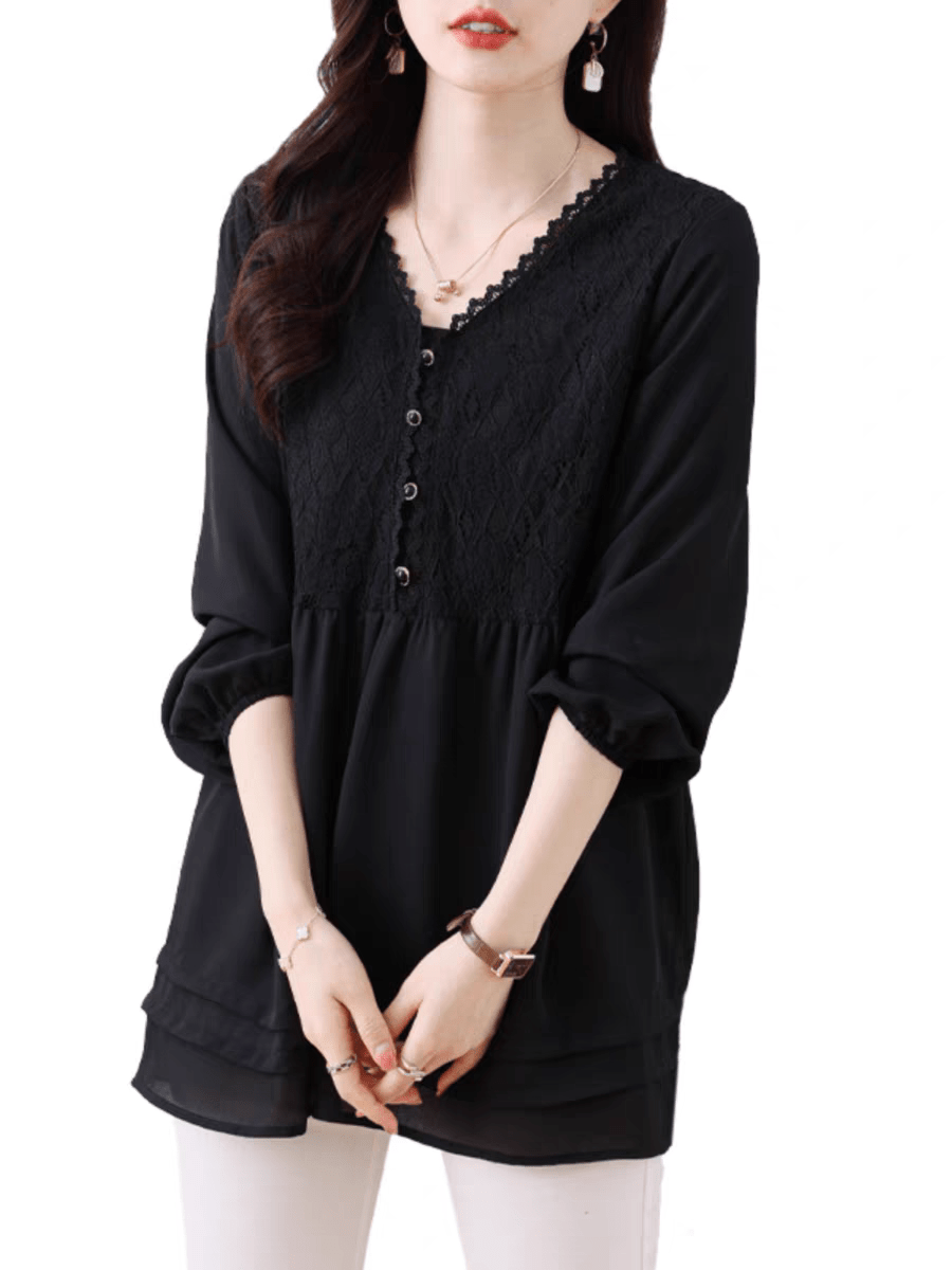 Elegant Black V - Neck Tunic Blouse with Lace Detail - Smgarment's
