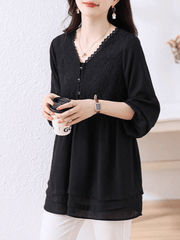 Elegant Black V - Neck Tunic Blouse with Lace Detail - Smgarment's