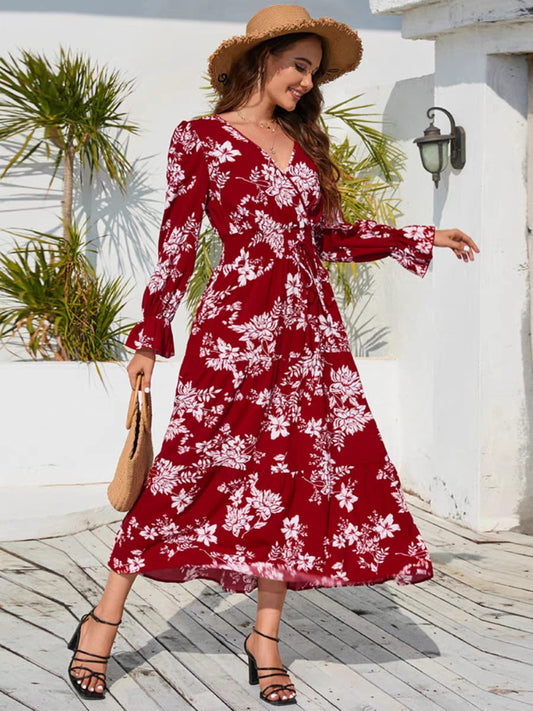 Floral Print V - neck Elastic Waist Maxi Dress - Smgarment's