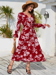 Floral Print V - neck Elastic Waist Maxi Dress - Smgarment's