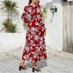 Floral Print V - neck Elastic Waist Maxi Dress - Smgarment's