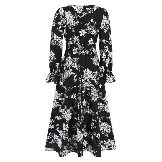 Floral Print V - neck Elastic Waist Maxi Dress - Smgarment's