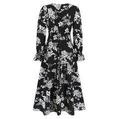 Floral Print V - neck Elastic Waist Maxi Dress - Smgarment's