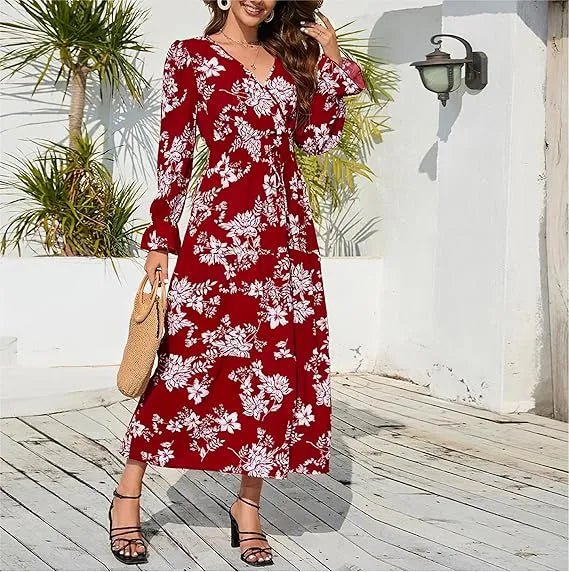 Floral Print V - neck Elastic Waist Maxi Dress - Smgarment's