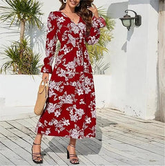 Floral Print V - neck Elastic Waist Maxi Dress - Smgarment's