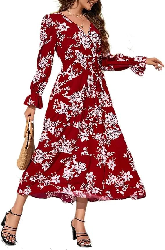 Floral Print V - neck Elastic Waist Maxi Dress - Smgarment's