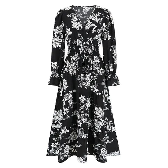 Floral Print V - neck Elastic Waist Maxi Dress - Smgarment's