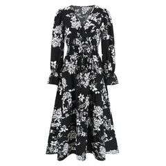 Floral Print V - neck Elastic Waist Maxi Dress - Smgarment's