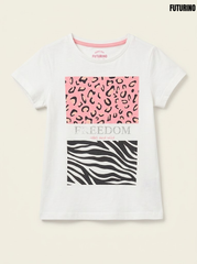 Futurino Girls' White FREEDOM Animal Print Graphic Short-Sleeve T-Shirt| SM GARMENTS