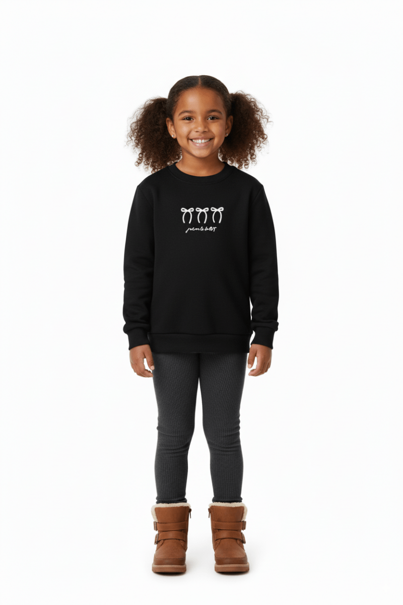 GIRLS Black Graphic Sweatshirt – Playful Bow Design - Smgarment's