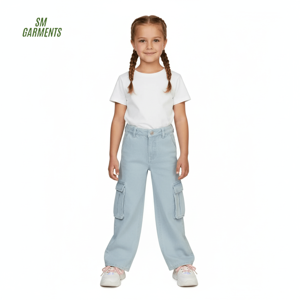 Girls Denim Pants Cargo Wide Leg - Smgarment's
