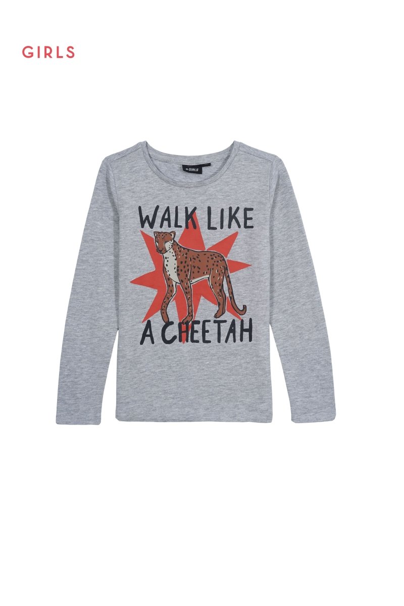 Girls Grey “Walk Like a Cheetah” Long Sleeve Graphic Tee - Smgarment's