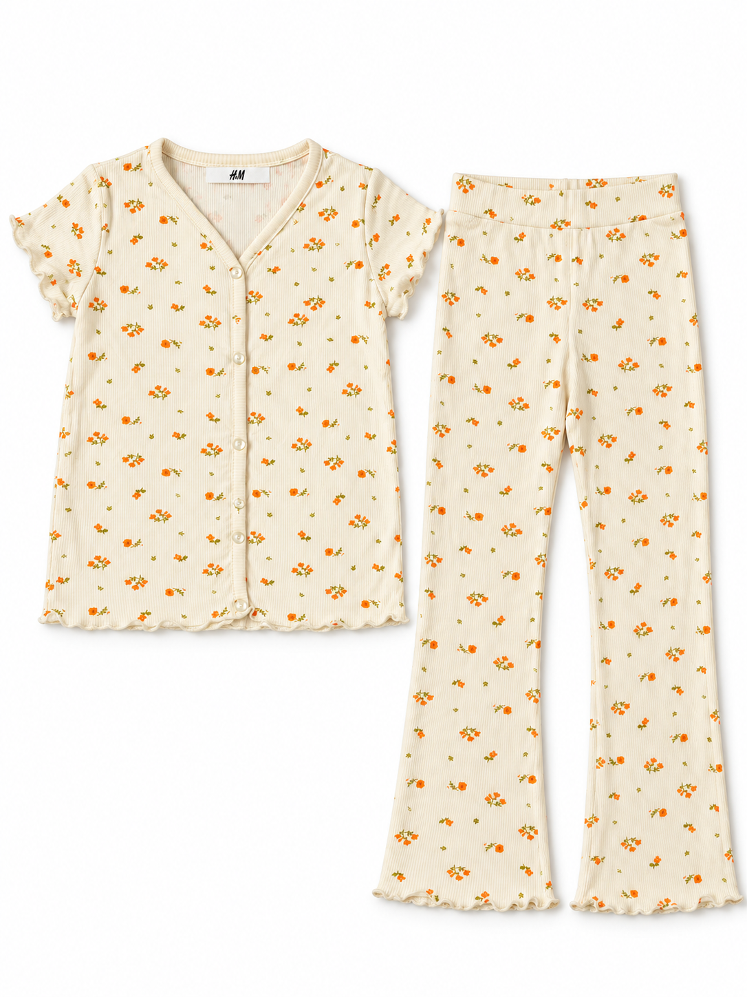 H&M ivory orange floral top and flared trousers ironed front