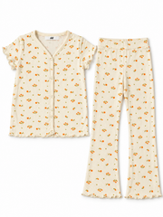 H&M ivory orange floral top and flared trousers ironed front