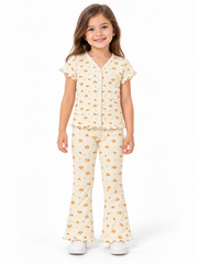 Girls ivory orange floral ribbed two-piece set model front