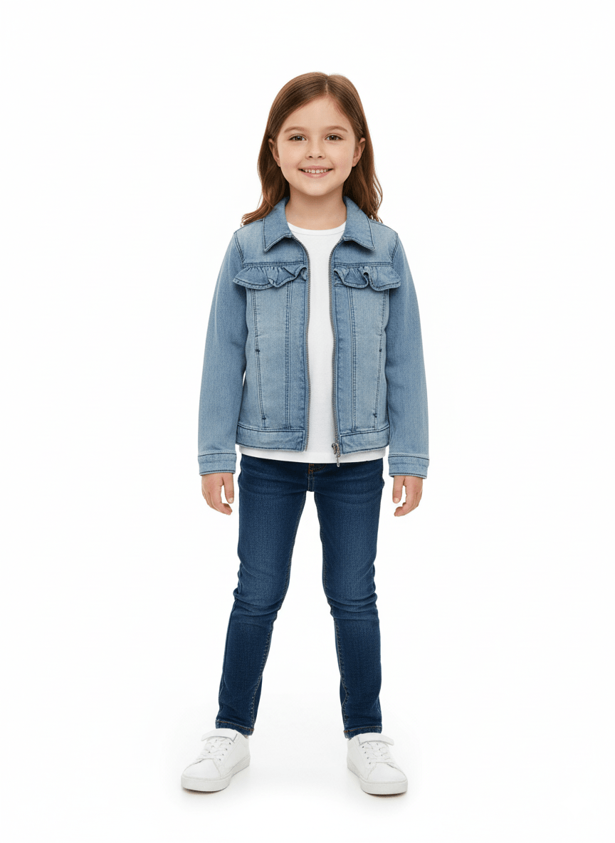 GIRLS RUFFLES ZIPPED DENIM JACKET - Smgarment's