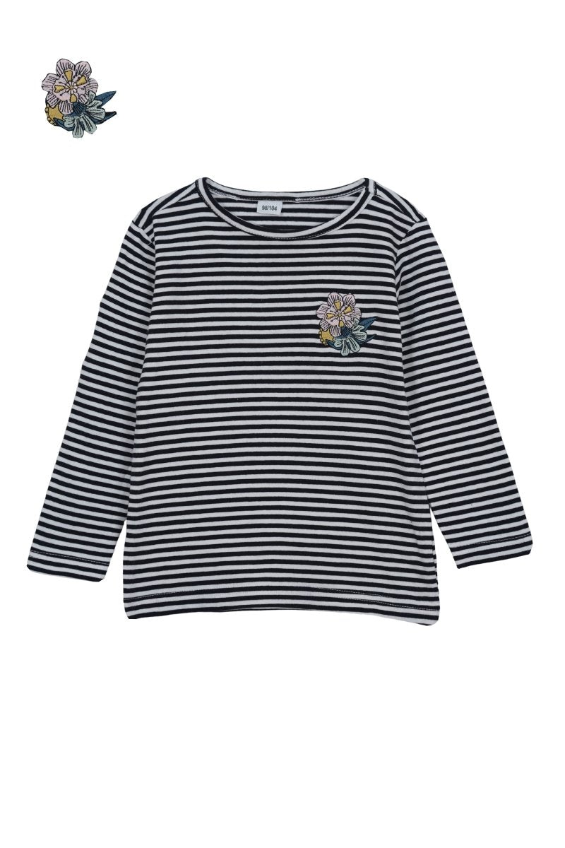 Girls' Striped Long Sleeve T-Shirt with Floral Embroidery - Smgarment's