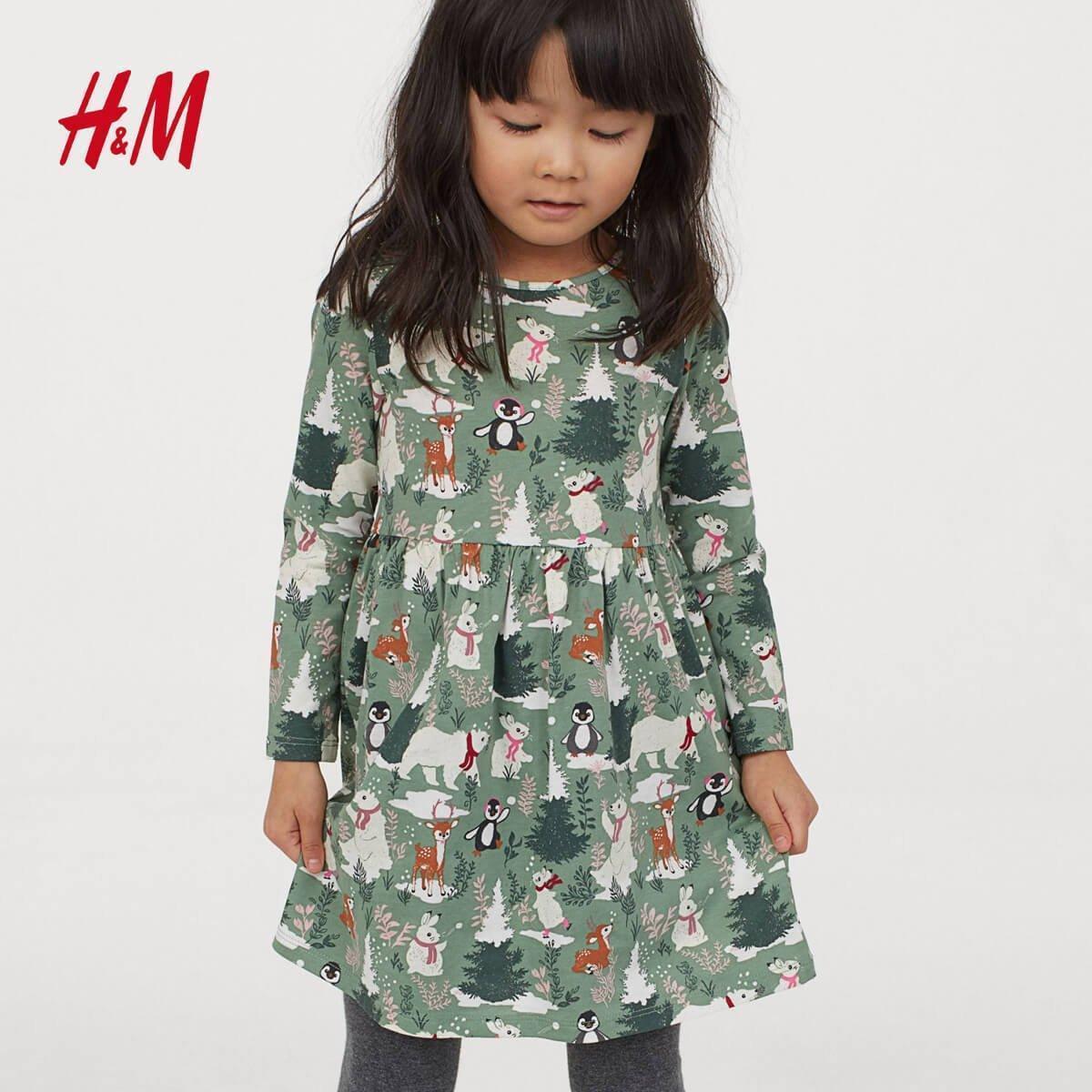 GREEN WINTER ANIMALS PRINTED JERSEY DRESS - SMgarment's