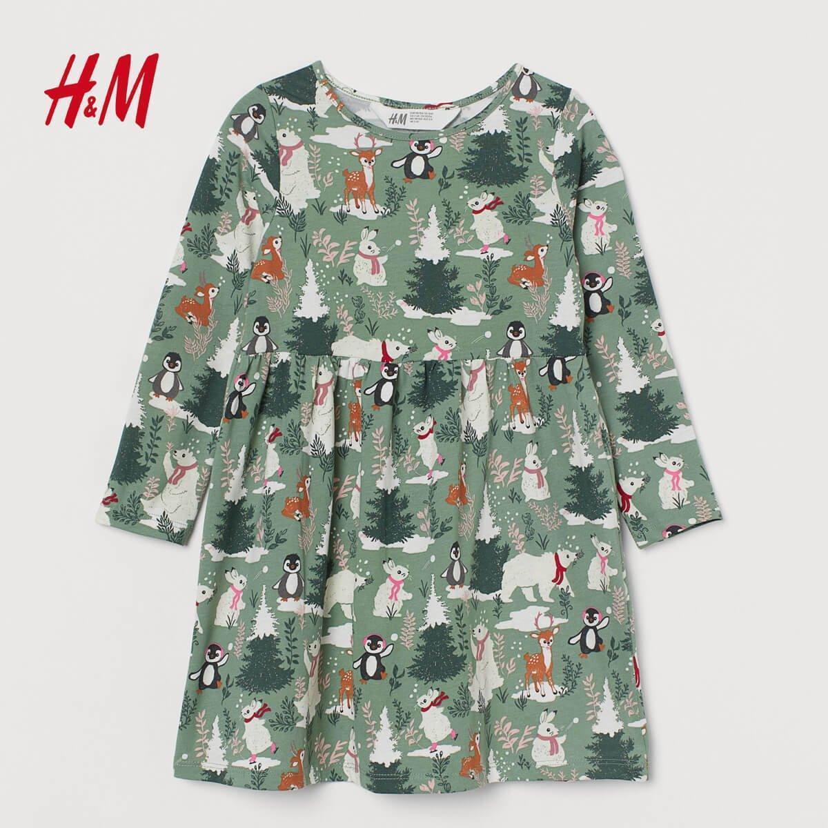 GREEN WINTER ANIMALS PRINTED JERSEY DRESS - SMgarment's