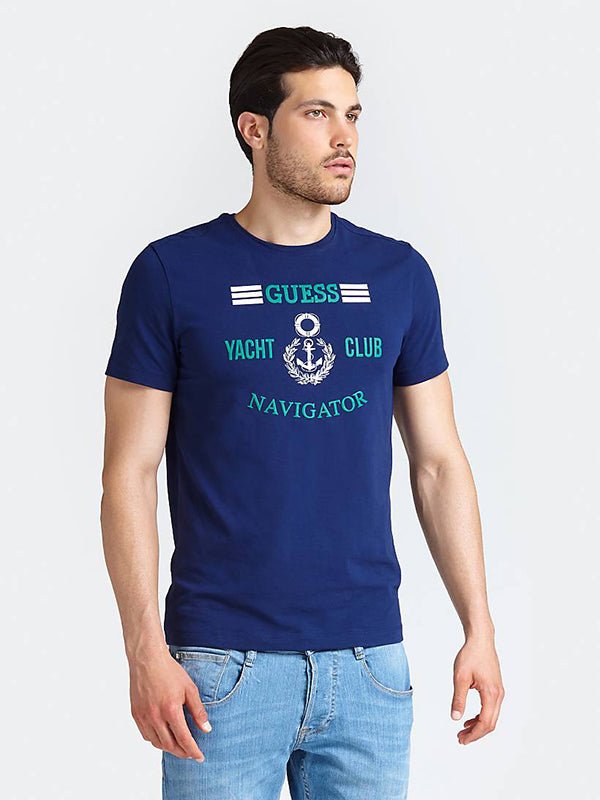 GUESS YACHT CLUB Navy blue t-shirt with logo print - Smgarment's
