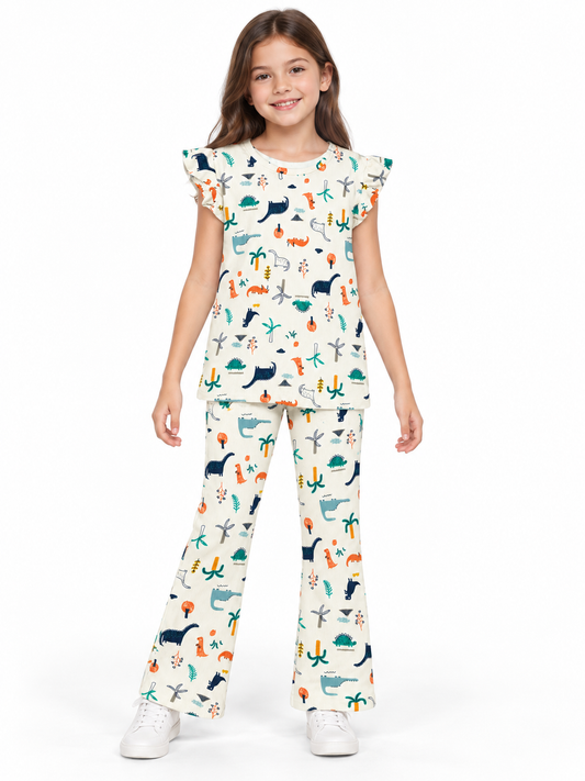 H&M girls ivory dinosaur print ribbed co-ord set model front look