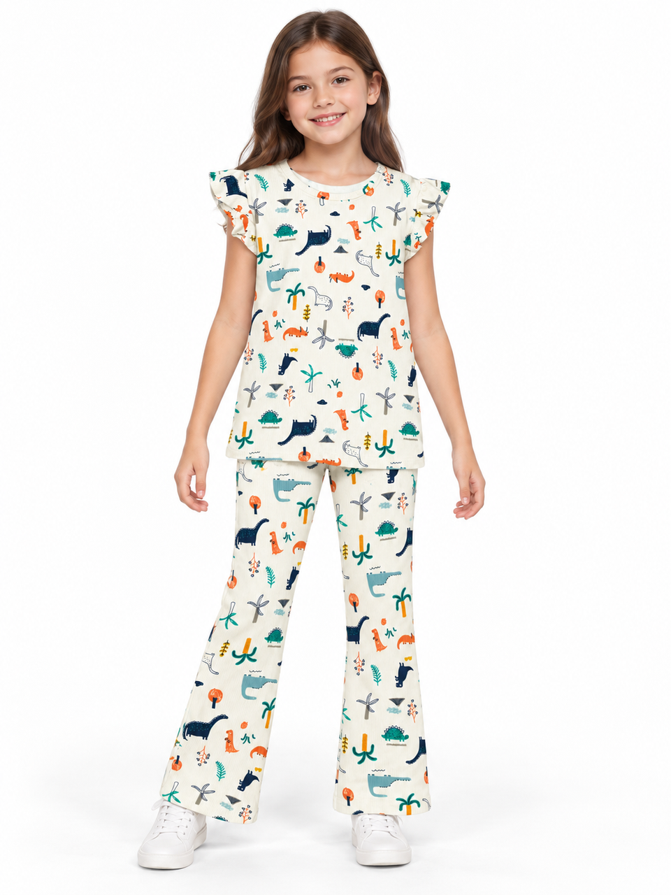 H&M girls ivory dinosaur print ribbed co-ord set model front look
