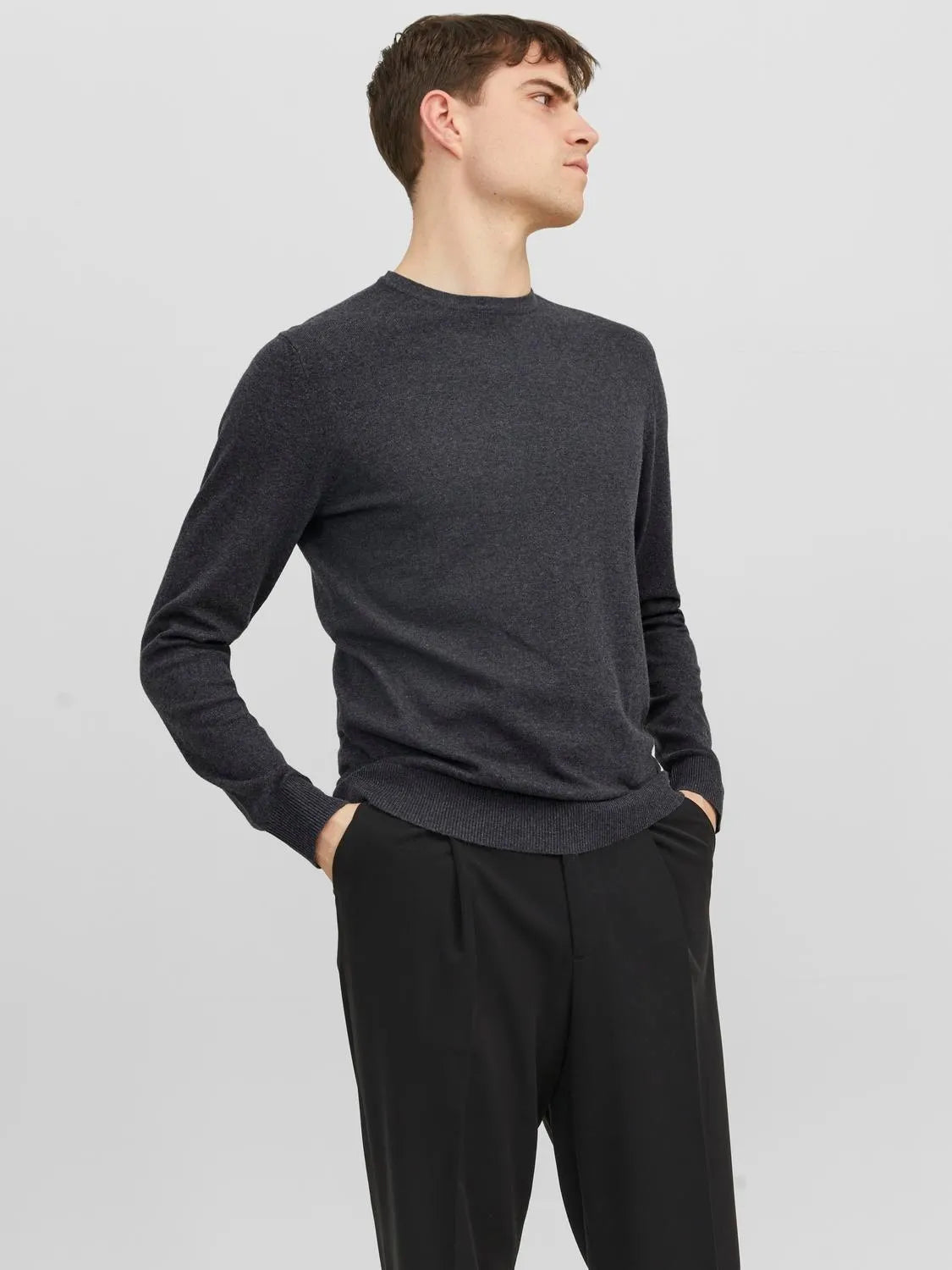 JACK&JONES Dark Grey Melange Plain Knitted Pullover - SMgarment's